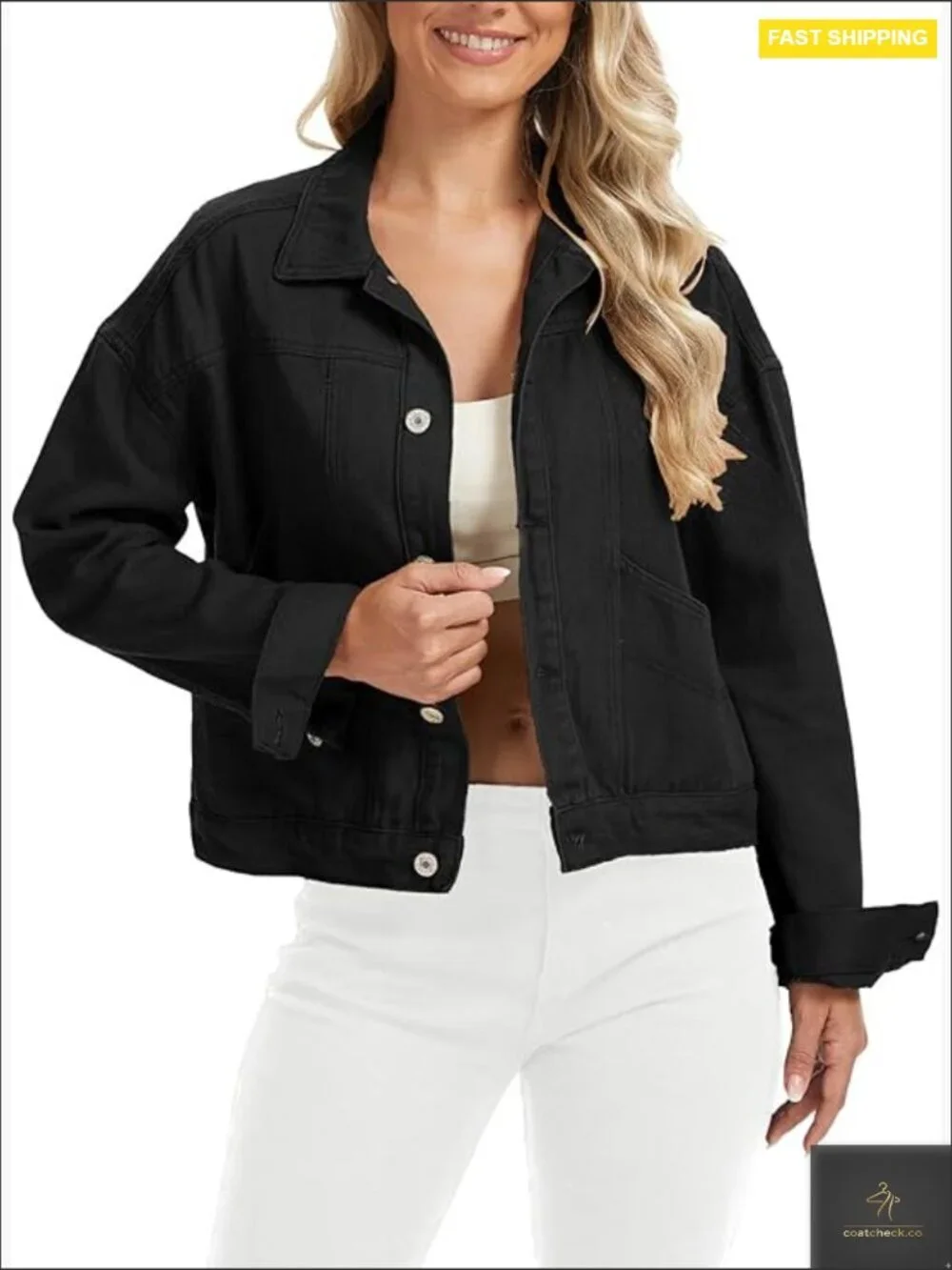 Oversized Cropped Denim Jacket Button Down Shacket Trucker Multi Pockets